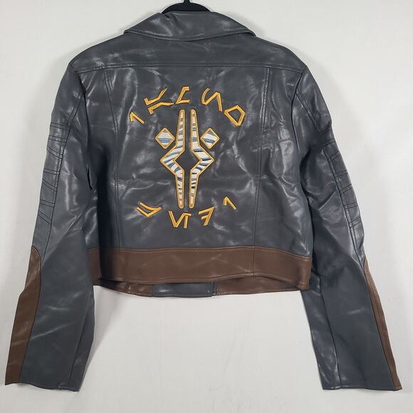 STAR WARS Moto Jacket Faux Leather Patches Gray Brown Sz XL - Picture 8 of 8